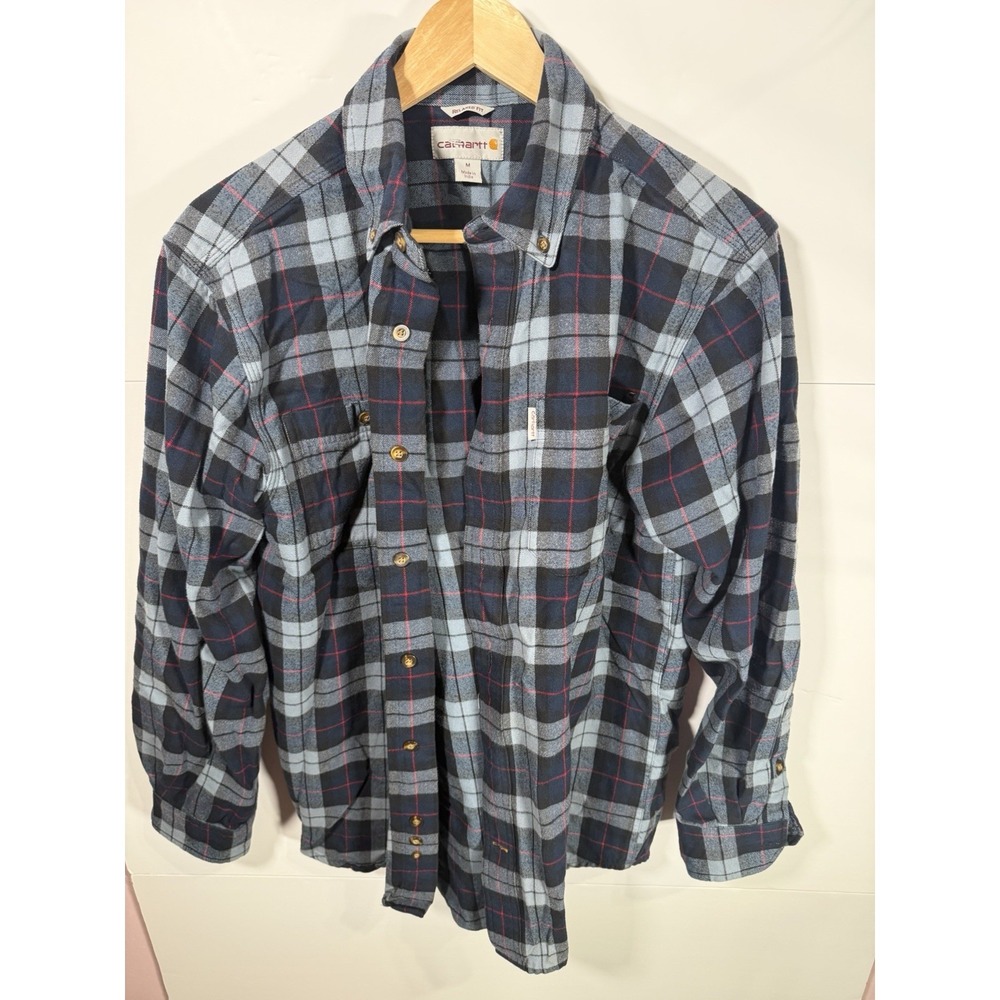 Carhartt Mens Medium Flannel Shirt Blue Gray Plaid Relaxed Fit Button Up